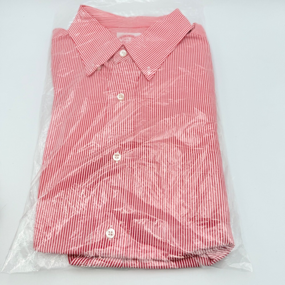 Brooks Brothers Mens Red White Candy Stripe Cotton Dress Shirt 16.5-4 Long Slv